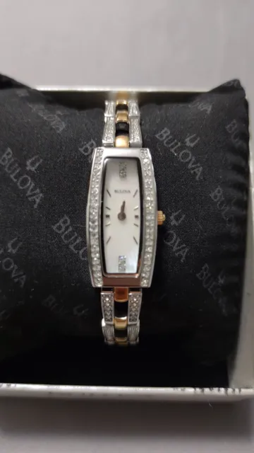 Bulova 98X110 Two Tone White MOP Dial Womens Dress Watch w/ Swarovski Crystals