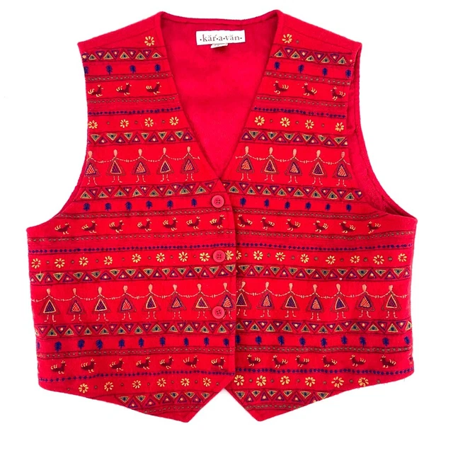 Vintage Karavan Wool Blend Vest Embroidered Folk Art Chickens Small grandmacore