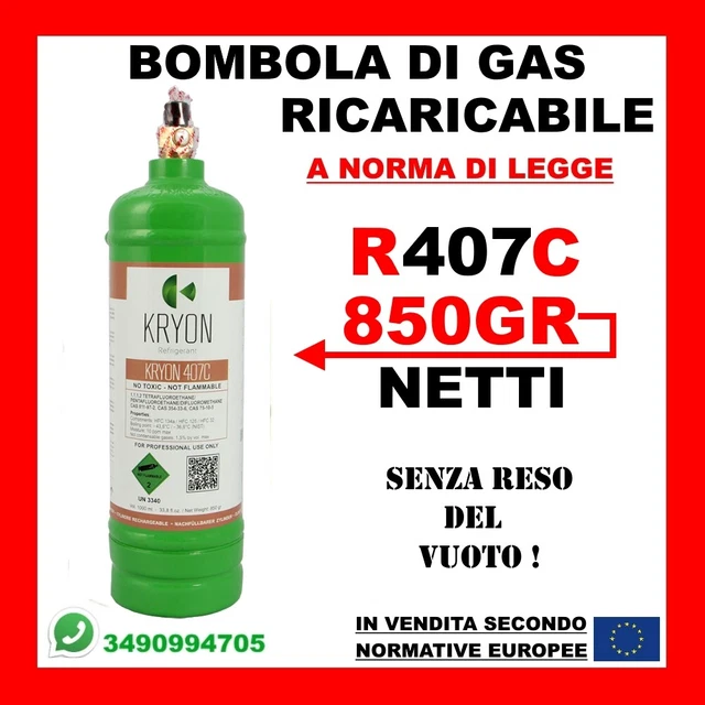 BOUTEILLE DE GAZ Fluide Frigorigène R407C 1KG Net 850GR Rechargeable ...