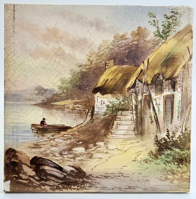 Antique Fireplace Tile Hand-Painted Landscape Design C1900