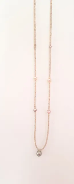 Tahiti Perlen  und Rose Ming Perle mit funkelnden Zirkonen Kette 80 cm