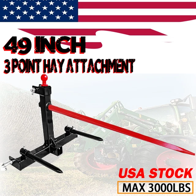 Cat 1 Tractor 3 Point Trailer Attach w/49" 3000lbs Hay Bale Spear 17" Stabilizer