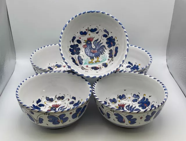 Set of 5 Deruta Italian Pottery BLUE ROOSTER Cereal / Dessert Bowls