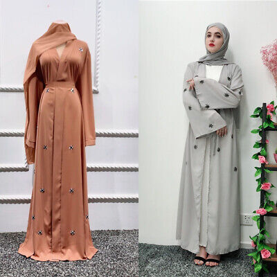 Femme Ouvert Abaya Kimono Cardigan Fait à la Main Perles Musulmane Robes Katfan