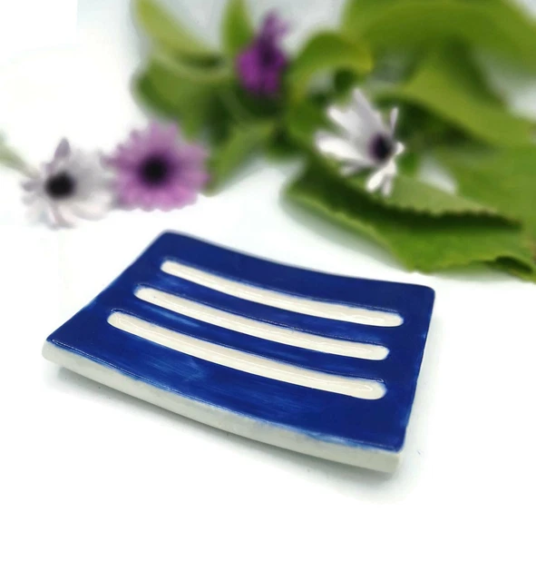Rectangular Draining Ceramic Soap Dish, Blue & White Soap Bar Holder Handmade
