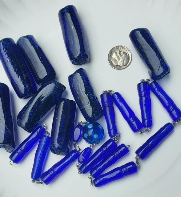 Vintage Glass Ancient Old Antique Spiritual Amulet Cobalt Blue plus Beads