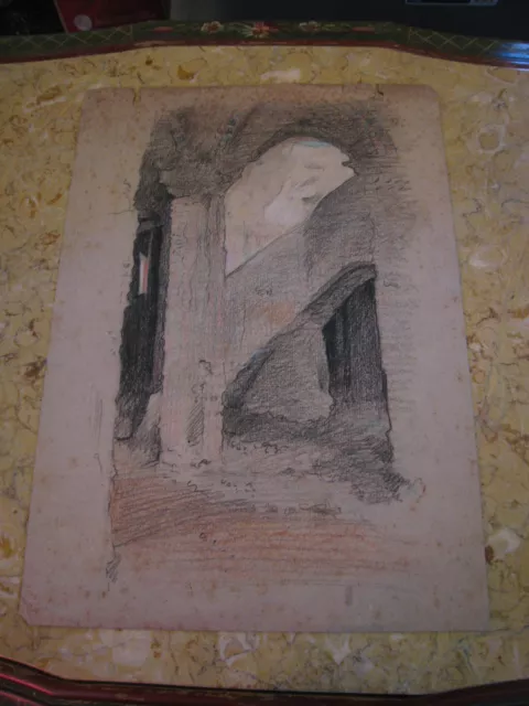 Vtg Antique Early 20th Cent. E A Trego Charcoal Drawing of Architectural Element