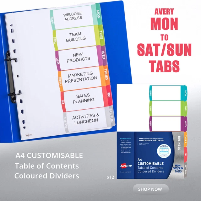 TAB DIVIDERS INDEX Ring Binder Folder A4 File Page Subject Weekly Tabs ...