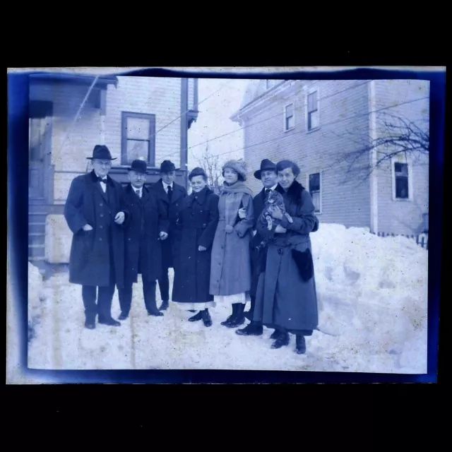 Antique Negative Photo Family Standing In Snowy Yard w House Cat C1915 Winter