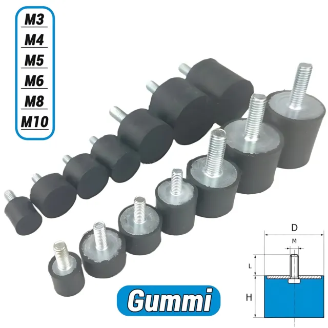 Gummipuffer Typ VE Ø8-50mm M3-M10 in Hart, Mittel oder Weich Gummi-Metall-Puffer