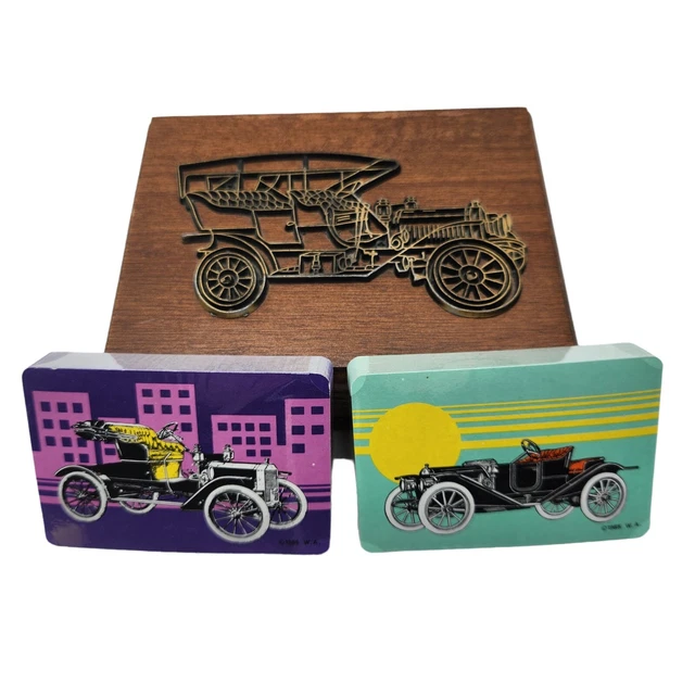 Vintage Wood Playing Card Storage Box Classic Ford Model T Car Plus 2 NEW Decks