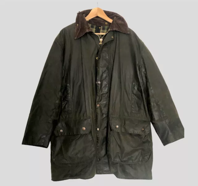 Barbour Khaki Green Border Jacket Coat Hooded Waxed Cotton C42 107 Large L Field