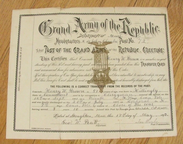 7Th Connecticut Civil War Veteran Killingly Gar Discharge 7Th Connecticut Civil War Veteran Killingly Gar Discharge