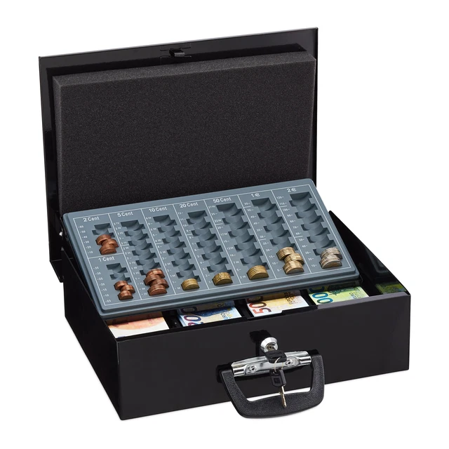 Caisse à Monnaie Avec Clé - 20x16x9 Cm, Métal, 2 Clés - Double Couche Pour Pièces Et Billets
