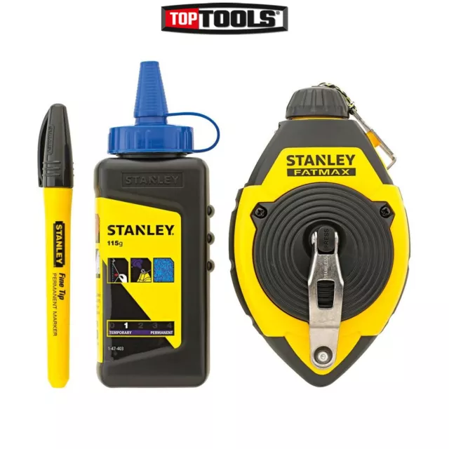 Stanley FatMax 30M Chalk Line Reel + 113G Blue Chalk & Fine Marker Pen, 0-47-681