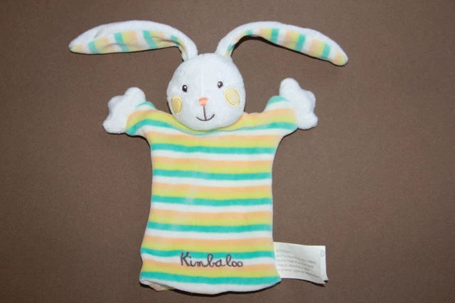 Doudou Kimbaloo La Halle  Lapin Plat Marionnette Blanc  Raye Bleu Vert Orange