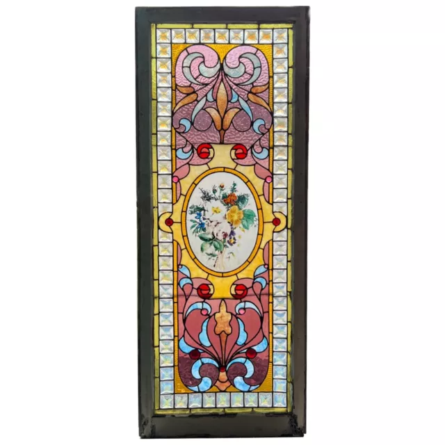 Antique American Victorian Stained, Painted, Jewelled, Leaded Glass Window