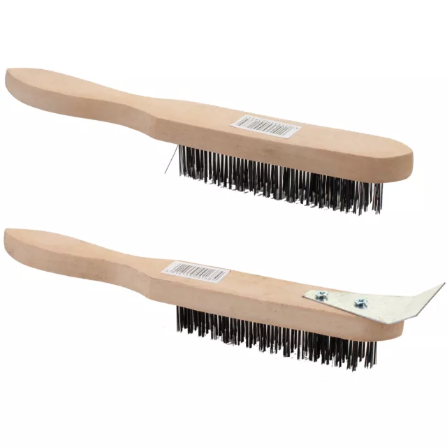 Heavy Duty 4 Row Steel Wire Scratch Brush Wooden Handle Scraper Scour Rust Paint