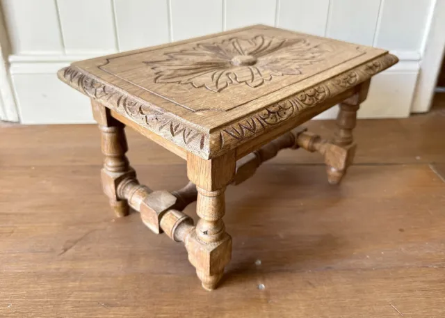 Carved Oak Jointed Foot Stool, Engraved Arts & Crafts Seat, Vintage Decor