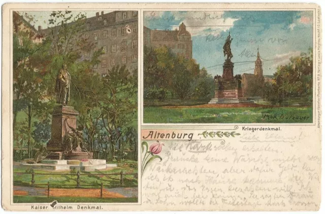 Altenburg, Kaiser Wilhelm-Denkmal und Krieger-Denkmal, alte Litho-Ak um 1900