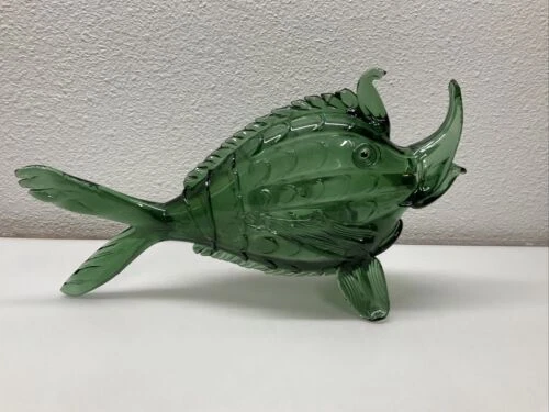 Large Vintage Green Art Glass Fish Sculpture Decorative Accent