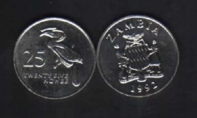 Zambia 25 NGWEE KM-29 1992 CROWNED HORN BILL UNC ANIMAL Wild World Currency COIN
