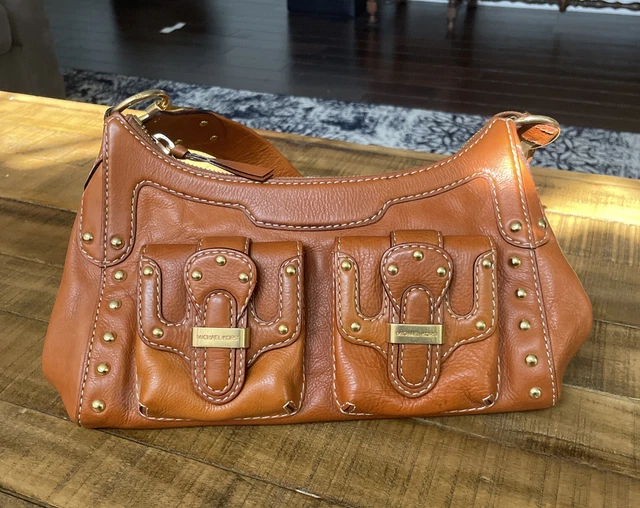 Michael Kors Astor Studded Brown Leather Stud Pocket Hobo Handbag Purse Small