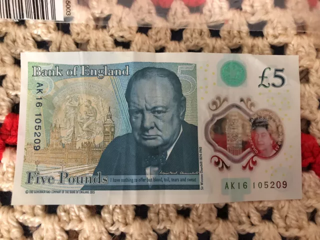 New £5 low serial number, rare five pound note, Churchill collectors AK16 105209