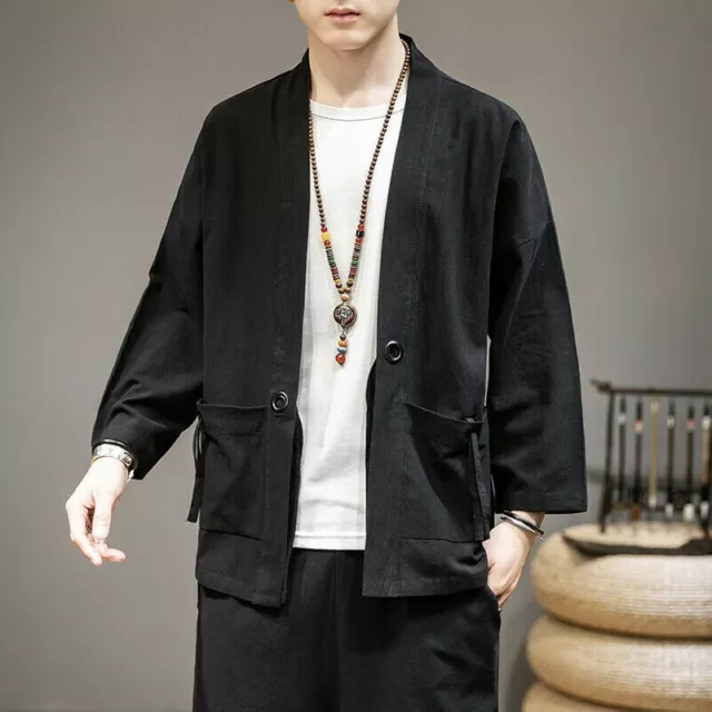 Uomo Giapponese Kimono Cardigan Manica Lunga Yukata Giacca Top Cappotto Vintage