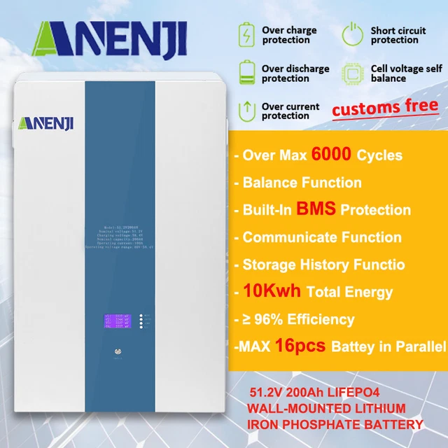 Batería de montaje en pared 200AH LiFePO4 51,2V 10 kWh con almacenamiento de energía solar para el hogar BMS