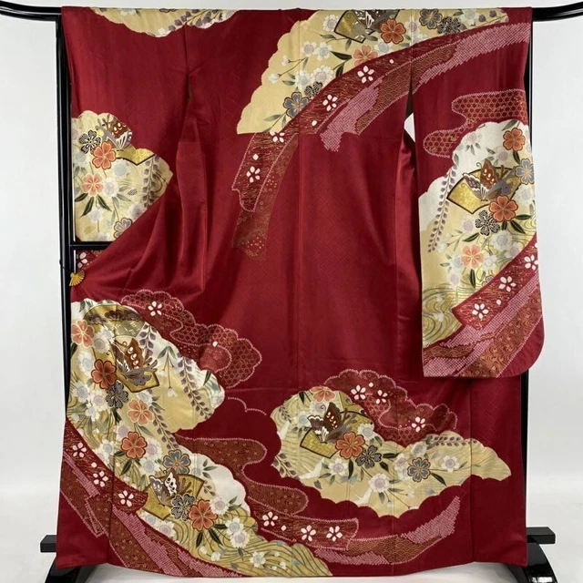 Japanese Kimono Furisode Pure Silk Butterfly Cherry Blossom Gold Thread