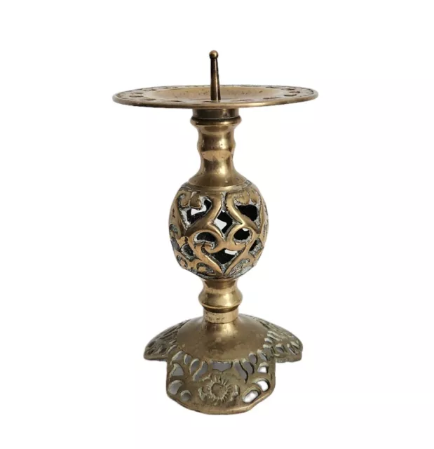 Vtg Solid Brass Pillar Candle Holder Ornate Filigree Style Scroll Candlestick 6"