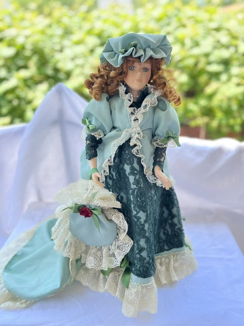 Duck House Heirloom Porcelain Vintage Doll Red Hair Green Dress Hat & Purse