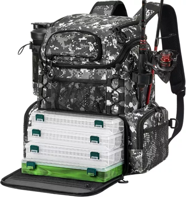 Fishing Tackle Backpack with Rod Holders & 4 Tackle Boxes, Waterproof Rain Cover