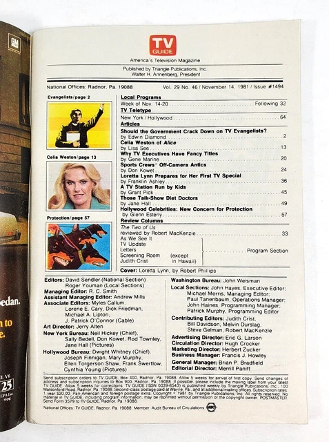 1981 TV GUIDE Nov 14-20 Loretta Lynn Hollywood Celebrities Protection …