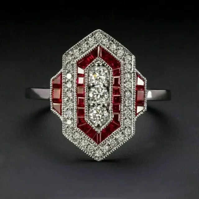 3Ct Created Red Ruby & Diamond 14K White Gold Plated Round Cut Wedding Ring