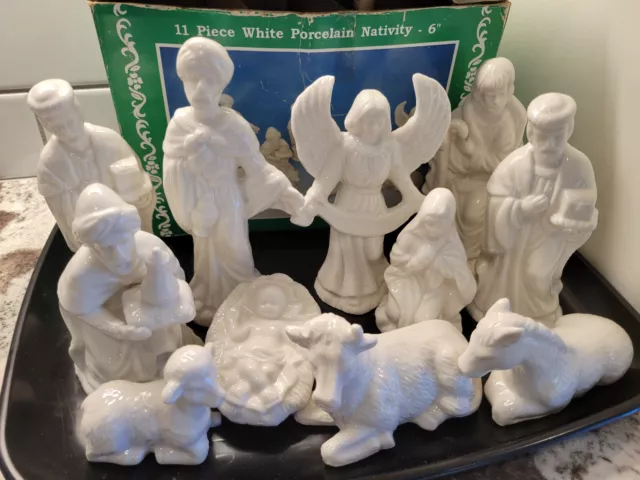 11 Pieces White Nativity Set Porcelain 6" Tall in Original Box (cow ear broken)