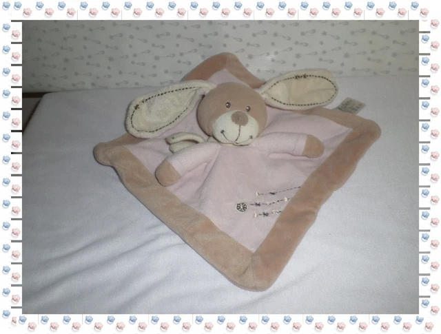 ✿ - Doudou Plat Lapin Chien Rose Beige Marron Broderies Croix  Nicotoy