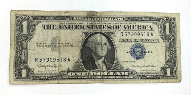 One Dollar Silver Certificate with Blue Seal Series 1957B in Protective Sleeve
