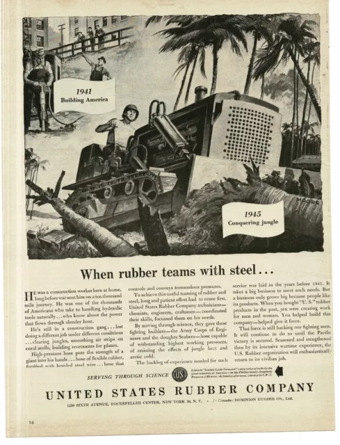 1945 U.S. Rubber Co. WWII US Army COE bulldozer clearing jungle Print Ad