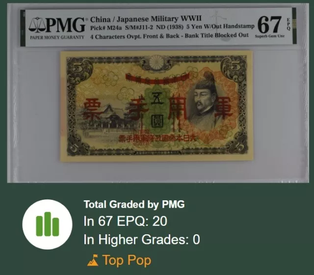 M24a China Japanese Military WWII 1938 5 Yen PMG 67 EPQ Superb Gem UNC TOP POP