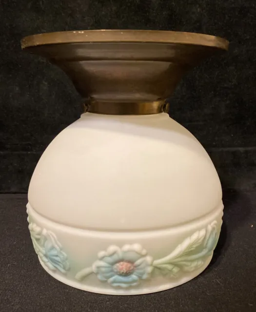 Vintage Frosted Milk Glass Shade Brass Flush Mount Ceiling Fixture Flowers