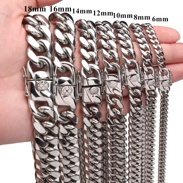 6-18mm Heavy Women Mens Miami Cuban Link Chain Silver Stainless Steel Necklace