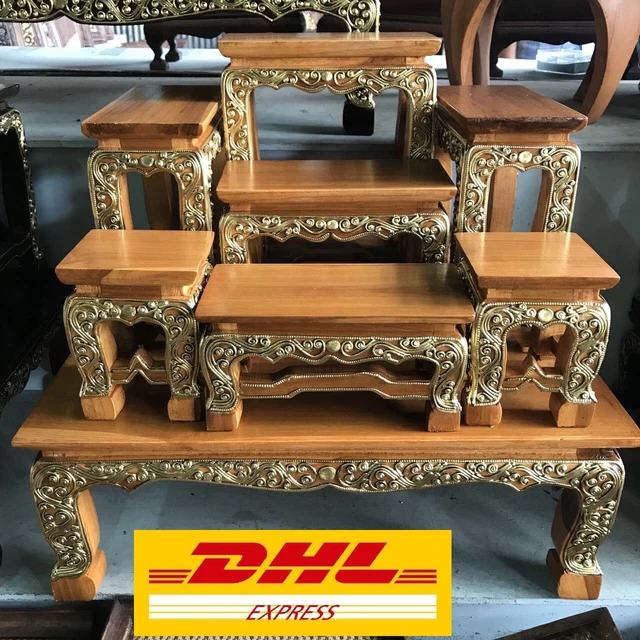 Altar Set Thai Teak Wood Buddha Amulet Worship 7+1 Table Handmade Beautiful