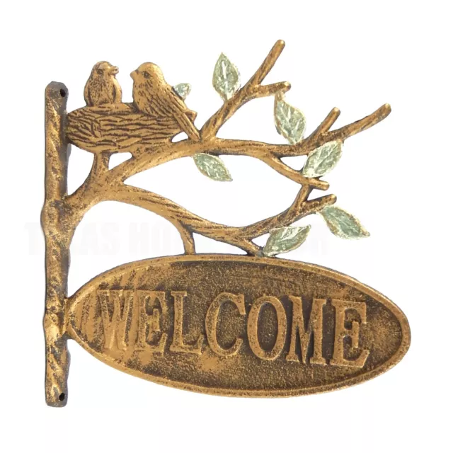 Cast Iron Love Birds In Nest Tree Branch Welcome Wall Plaque Sign Antique Gold
