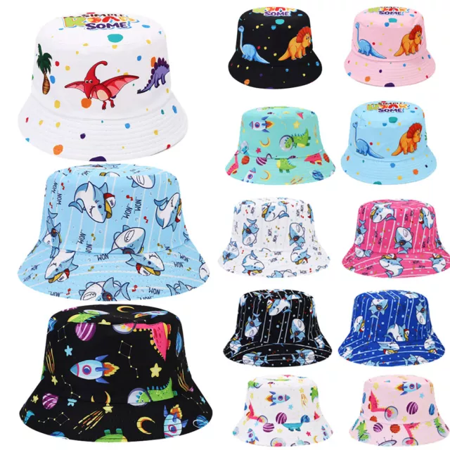 Boys Girls Dinosaur Shark Bucket Hat Reversible Summer Fisherman Sun Hats 3-8Y