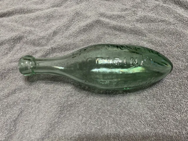 R.M. Mills & Co. Vintage Green Glass Torpedo Aerated Water Bottle