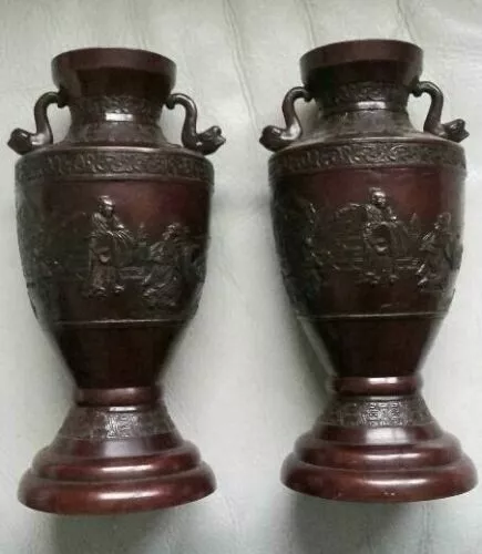MAGNIFIQUE RARE Ancienne Paire de vases en bronze de chine signés