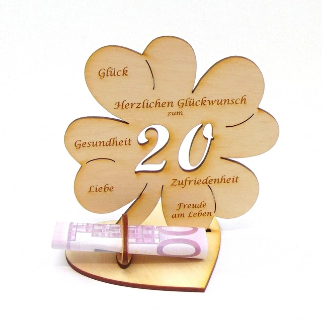 ZUM 20. GEBURTSTAG Geldgeschenk Porzellan Hochzeit Holz Kleeblatt
