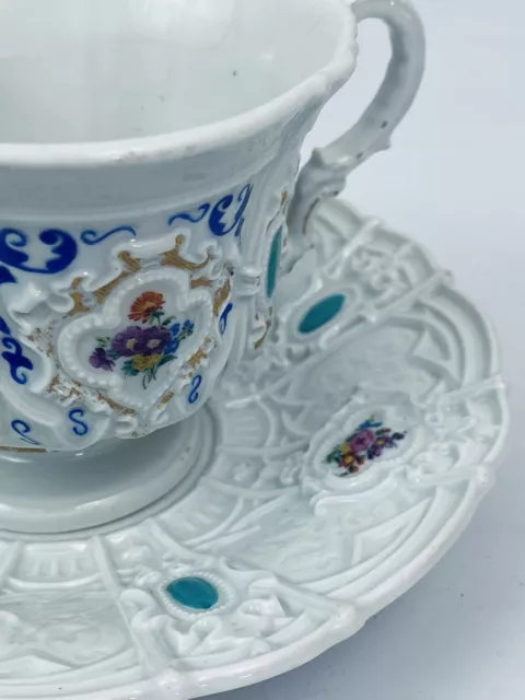 Antique Meissen Footed Tea Cup & Saucer Floral & Turquoise Jeweled